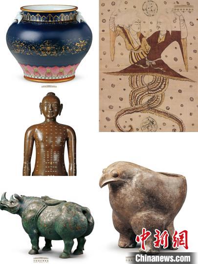 陶鹰鼎(右下)、错金银云纹铜犀尊(左下)、伏羲女娲像立幅(右上)、针灸铜人(左中)、霁蓝釉粉彩描金莲花纹双燕耳尊(左上) 国博供图 陶鹰鼎(右下)、错金银云纹铜犀尊(左下)、伏羲女娲像立幅(右上)、针灸铜人(左中)、霁蓝釉粉彩描金莲花纹双燕耳尊(左上) 国博供图
