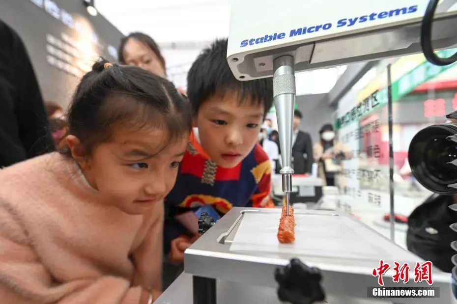 小朋友观察辣条的韧性测试。中新社记者 杨华峰 摄