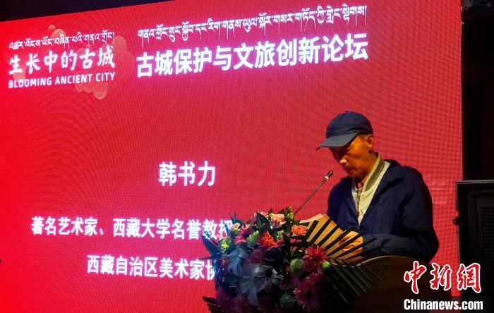著名艺术家韩书力在古城保护与文旅创新论坛上发言。　冉文娟 摄