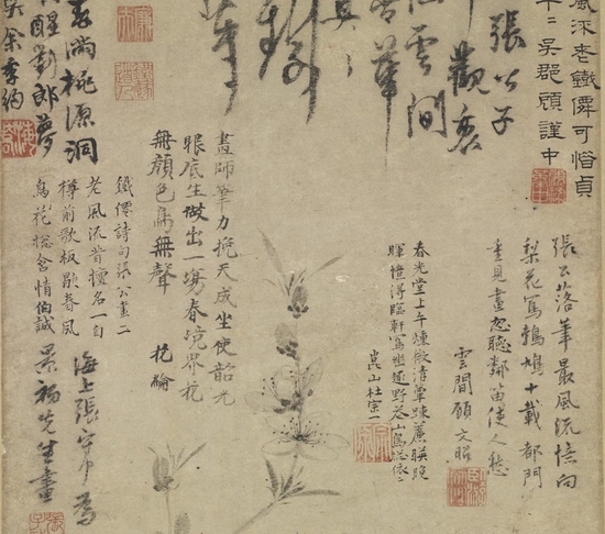 元 张中 《桃花幽鸟图》轴（局部） 台北故宫博物院